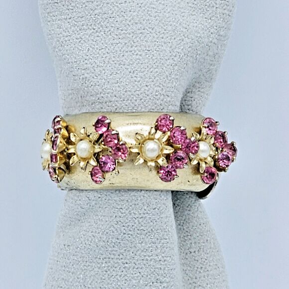 Vintage Fur Scarf Clip Brooch Pink Rhinestone Pearl Claw Hinged Estate Jewelry - Picture 1 of 8
